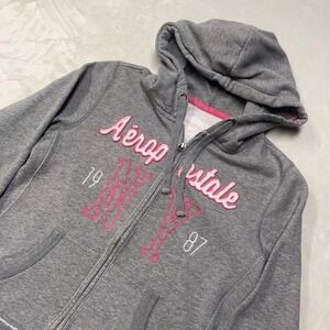 Vintage Y2K Aeropostale Women's M Hoodie Full Zip Up Puff Print Spellout Surf